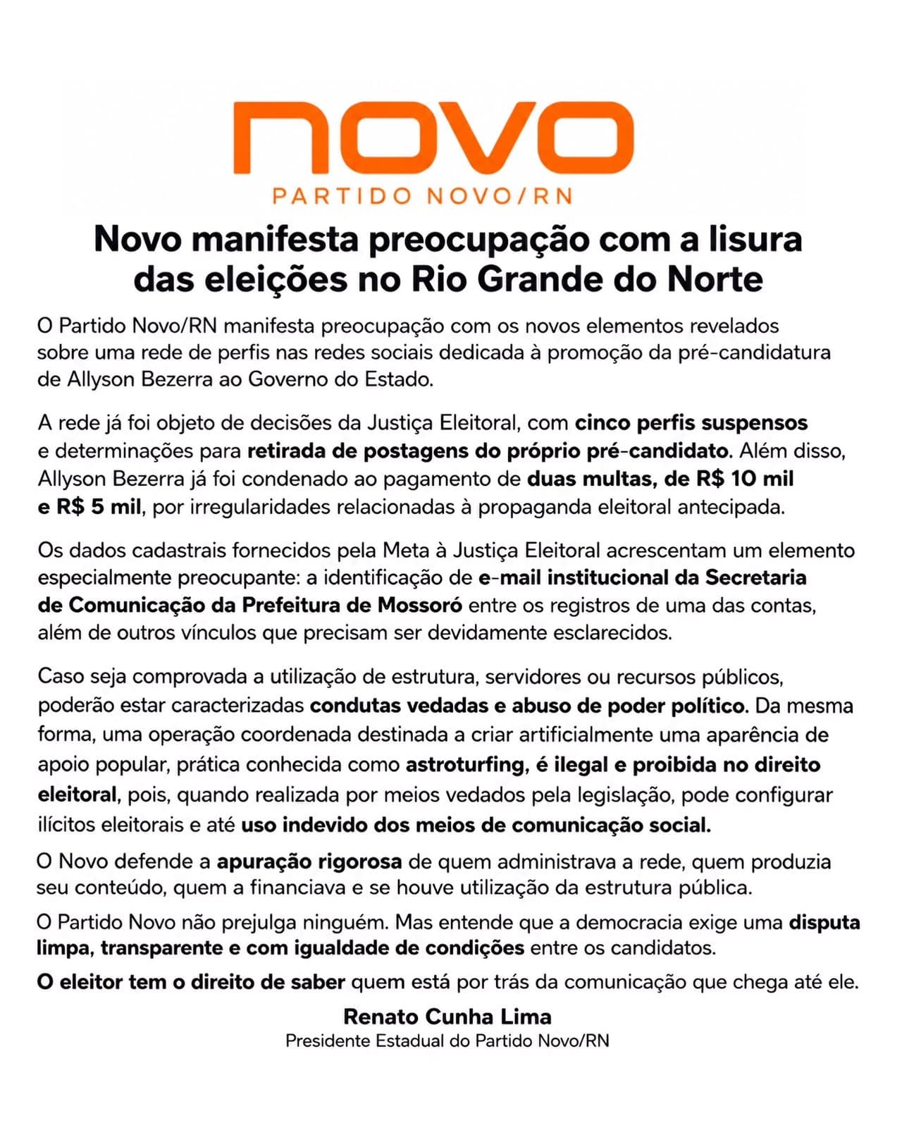 Partido Novo manifesta preocupação com eleições no RN e cobra investigação sobre posssivel abuso de poder de Allyson Bezerra