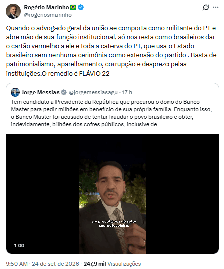 Rogério Marinho diz que AGU age como “militante do PT”