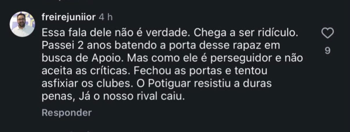 “Essa fala não é verdade. Chega a ser ridículo e ele é perseguidor”, diz ex-presidente do Potiguar após Allyson prometer apoio aos clubes do RN