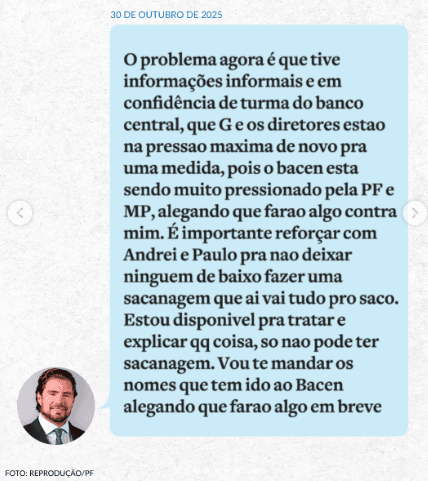 [VÍDEO] Em depoimento, Vorcaro diz não lembrar quem são ‘Andrei' e ‘Paulo' ao ser questionado por delegado sobre mensagem enviada a Moraes