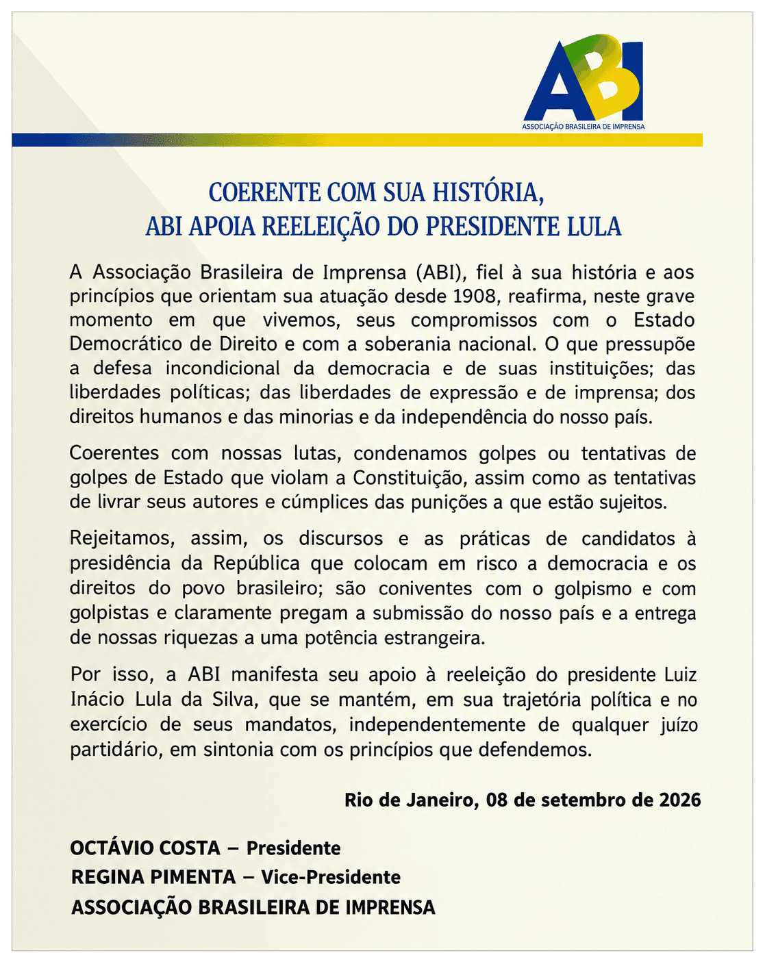 Associação Brasileira de Imprensa divulga nota de apoio à reeleição de Lula