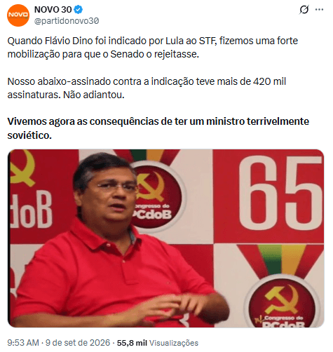Após Dino reintegrar Andrei Rodrigues ao comando da PF, Partido Novo diz que "vivemos agora as consequências de ter um ministro terrivelmente soviético"