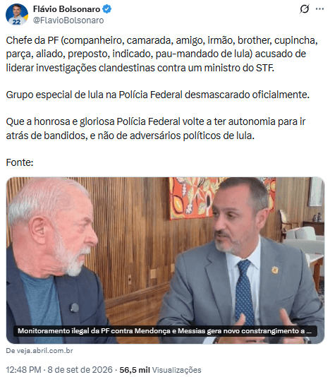 Flávio chama diretor afastado da PF de “pau-mandado de Lula” e diz que “grupo especial” para atacar adversários políticos do presidente foi desmascarado