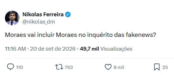 “Moraes vai incluir Moraes no inquérito das fake news?”, ironiza Nikolas Ferreira após vídeo revelar mentira do ministro sobre voo em jato ligado a Vorcaro