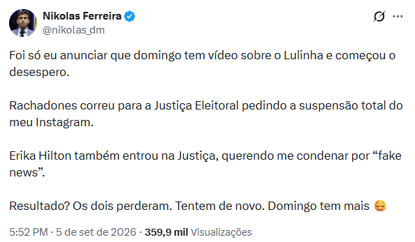 [VÍDEO] ‘Os dois perderam. Tentem de novo', diz Nikolas Ferreira após Justiça Eleitoral rejeitar ações contra ele apresentadas por Janones e Erika Hilton