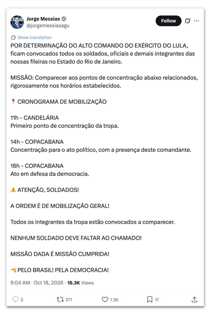 Advogado-geral da União do governo Lula, Jorge Messias, convoca militância ‘Exército de Lula' para ato no Rio de Janeiro