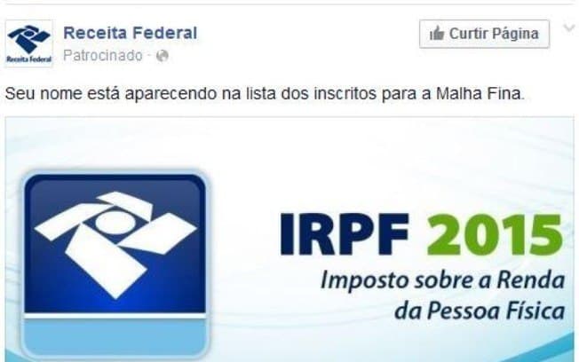 Mensagem falsa no Facebook põe em risco computador de contribuintes