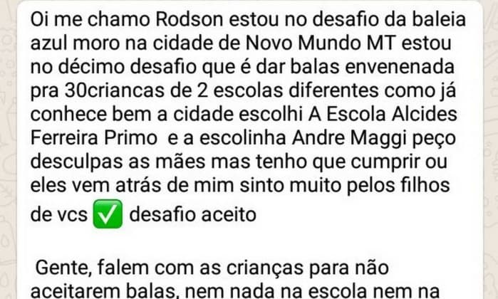 Jovem ‘brinca' em WhatsApp com ameaça da ‘baleia azul' e vai preso em MT
