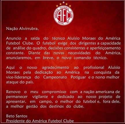 América demite o treinador Aluísio Moraes