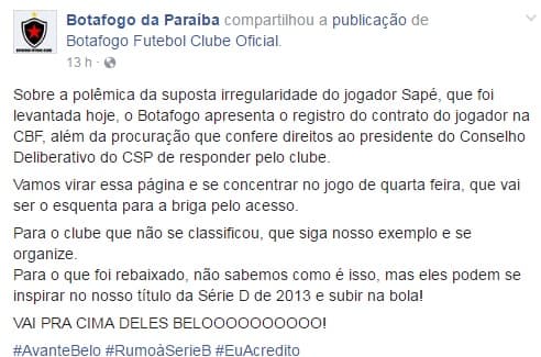 Após suposta irregularidade, Botafogo-PB publica contrato de jogador, e aval da CBF