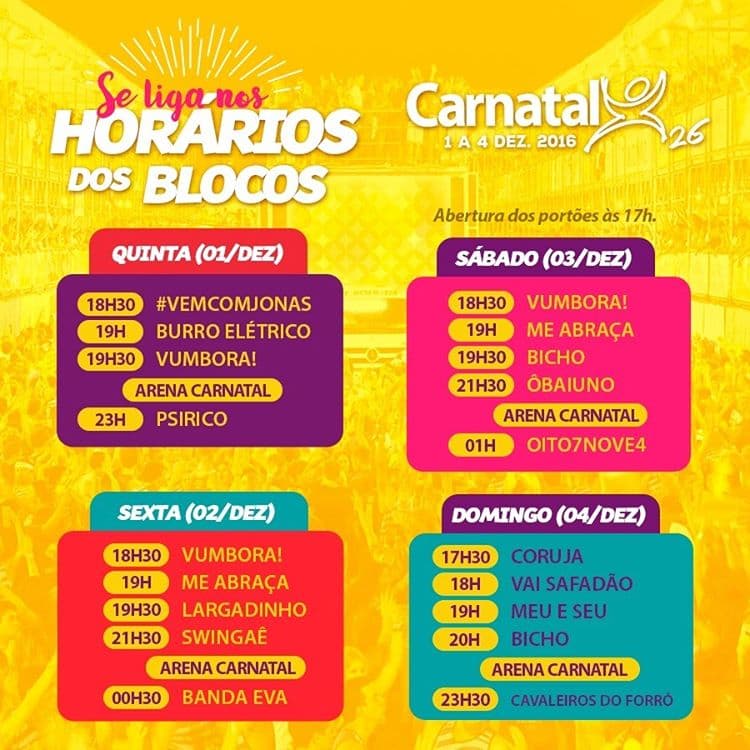 FOLIA: confira o horário de saída dos blocos no Carnatal 2016, e entrega de abadás
