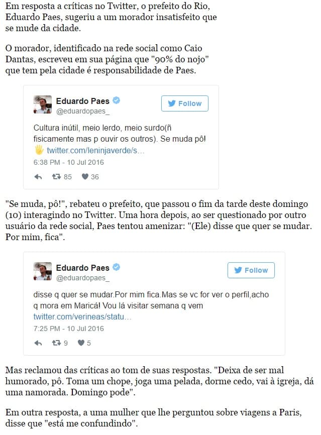 Em rede social, prefeito do Rio fala para morador insatisfeito se mudar