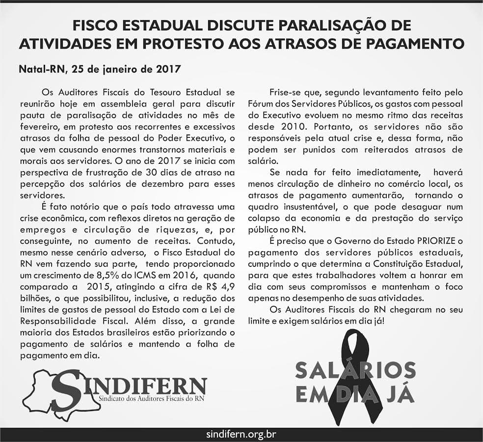 Fisco Estadual discute paralisação por atrasos nos salários