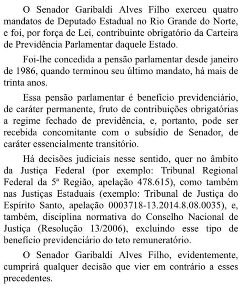 Garibaldi Filho solta nota esclarecendo acusação que recebe aposentadoria irregularmente