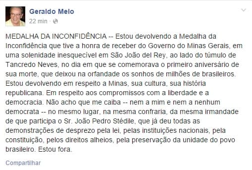 Ex-Governador Geraldo Melo devolve medalha que recebeu do Governo de Minas