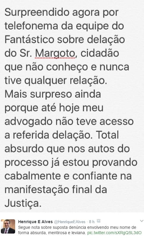 Henrique Alves se diz surpreso com mais uma denúncia envolvendo seu nome de forma absurda, leviana e mentirosa