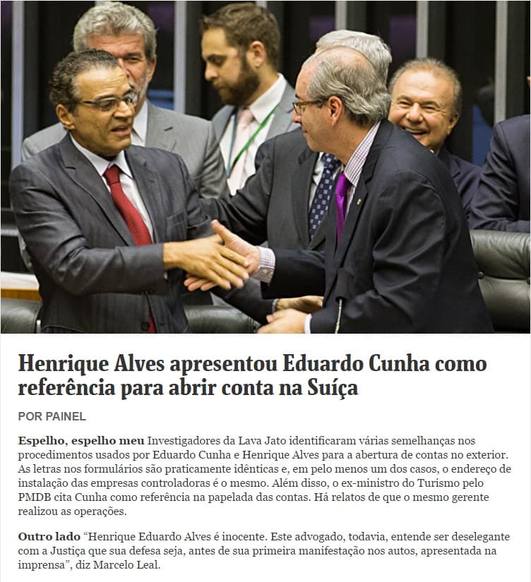 Henrique Alves "teria usado o mesmo caminho de Eduardo Cunha para abrir conta no exterior" destaca Folha
