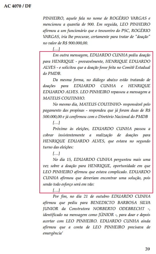CONFIRAM DOCUMENTO: Ministro do STF cita cobrança de dinheiro insistente de Eduardo Cunha para Henrique Alves