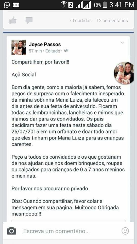 Após perda de filha em véspera de seu aniversário, família faz belo gesto e pede que presentes sejam doados; saiba como