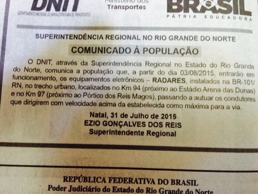 Radares de velocidade da BR-101, em Natal, começam a multar a partir desta segunda; R$ 85, 13 a R$ 574, 64, podendo até "perder" CNH