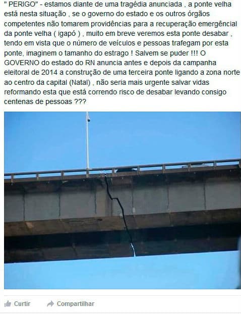 FOTO: Ponte com rachadura, compartilhada em redes sociais, não é a de Igapó