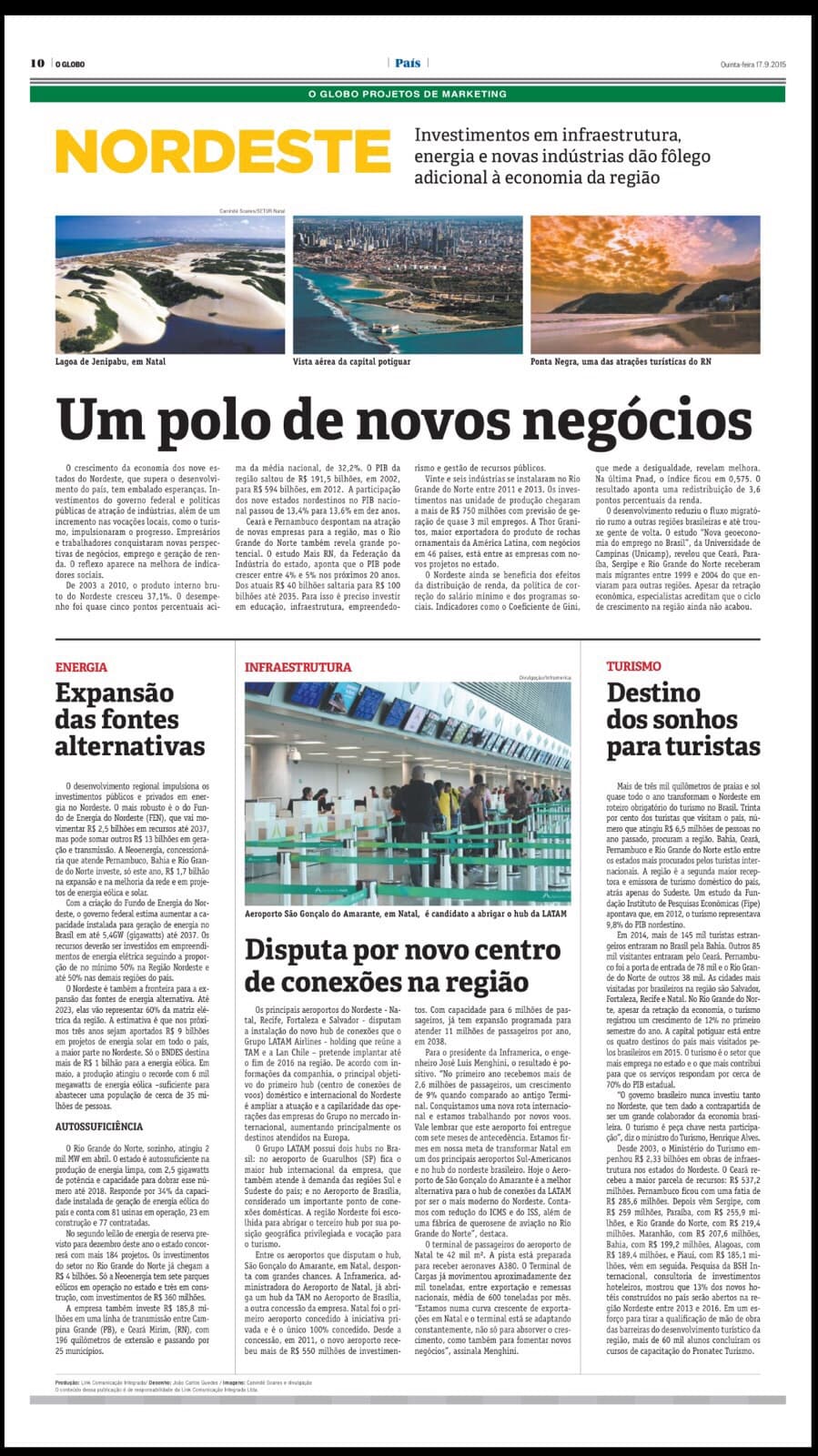 HUB TAM: RN é destaque no O Globo desta quinta