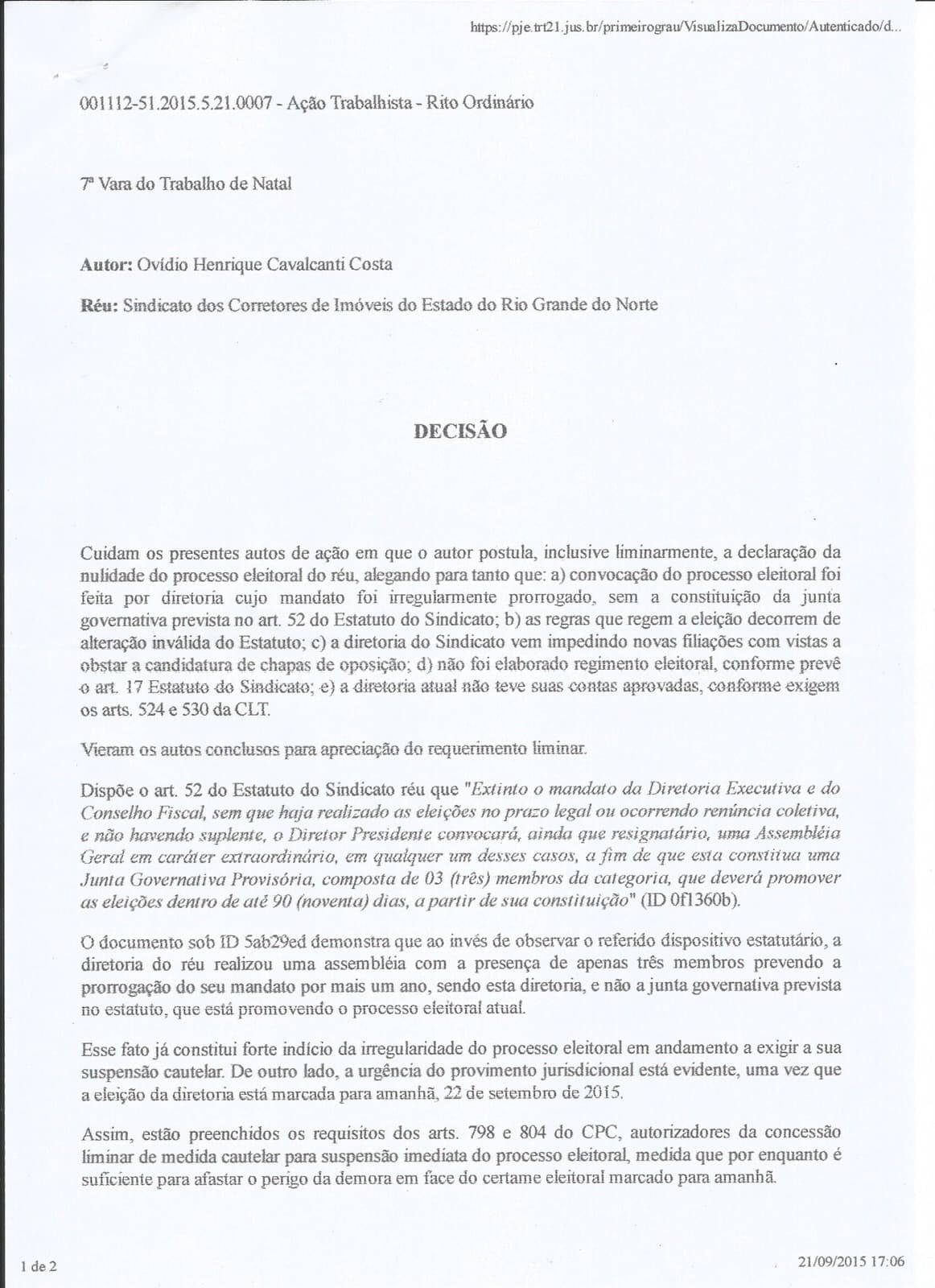 Liminar de corretor suspende eleições no Sindimóveis-RN