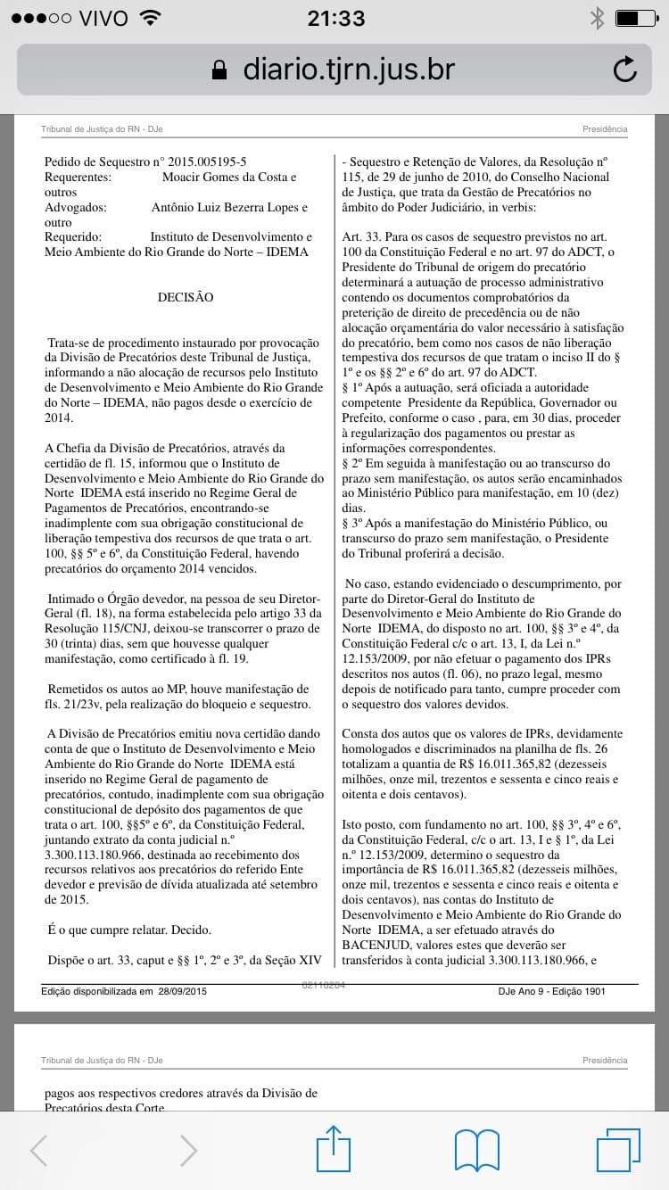 Precatórios: TJRN determina sequestro de R$ 16 milhões nas contas do IDEMA