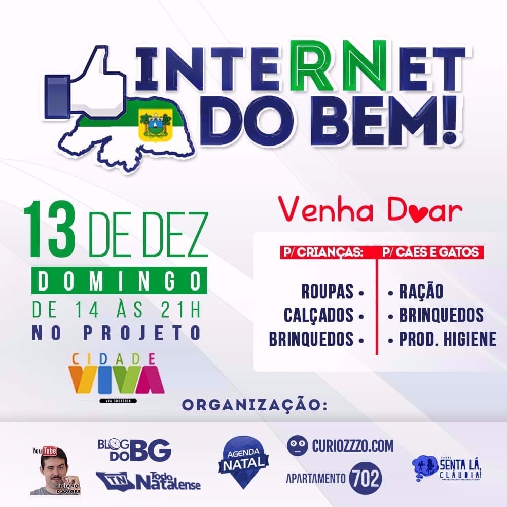 Grupo INTERNET RN estará neste domingo no projeto Cidade Viva para receber doacões que beneficiem crianças e animais