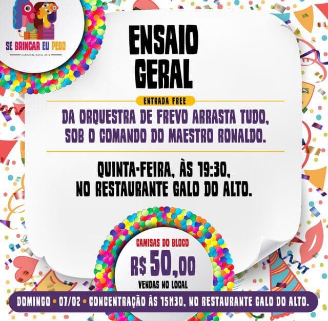 Bloco Se Brincar eu Pego faz ensaio geral nesta quinta-feira com Orquestra de Frevo Arrasta Tudo