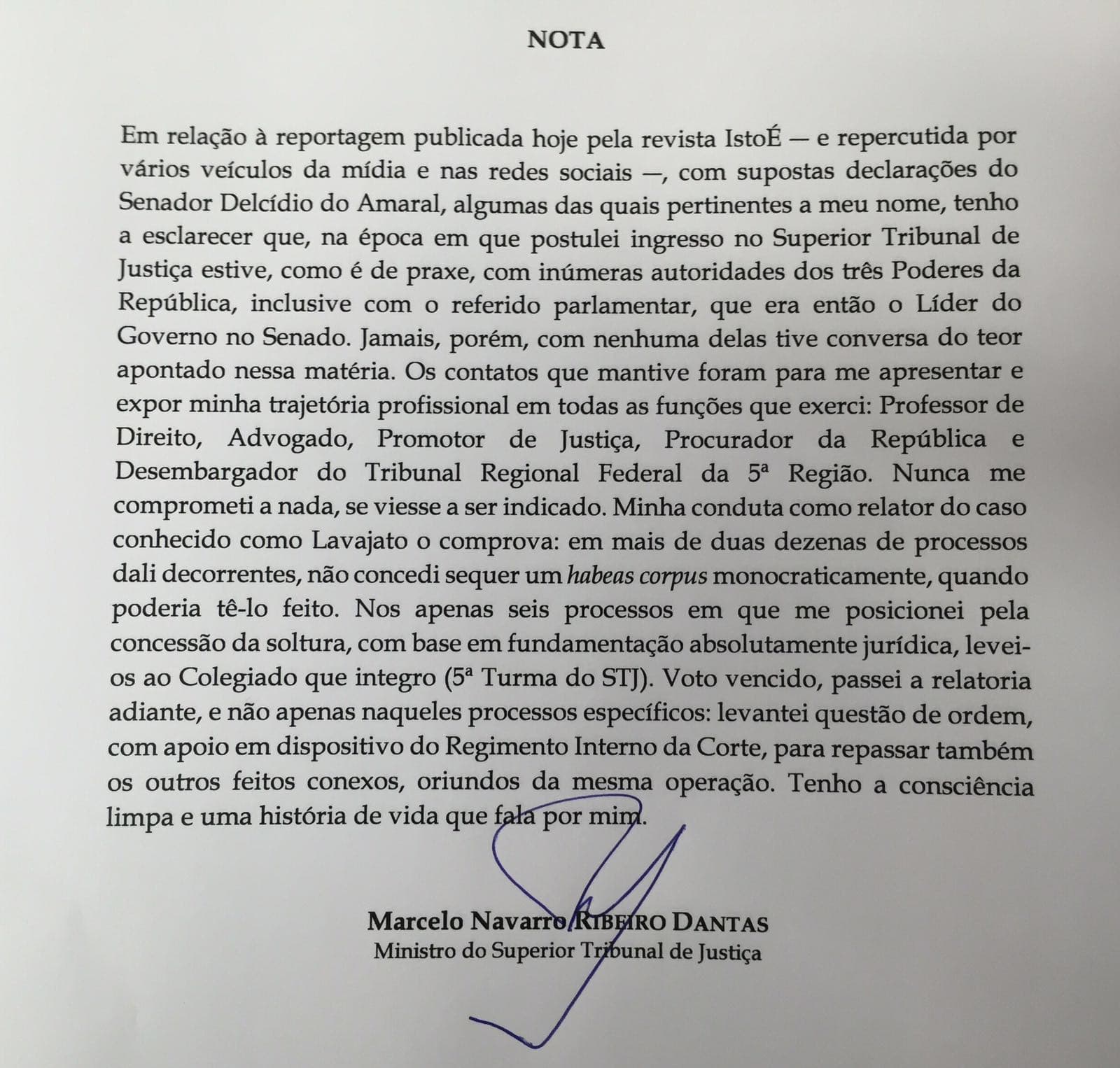 Ministro Marcelo Navarro Ribeiro Dantas emite nota