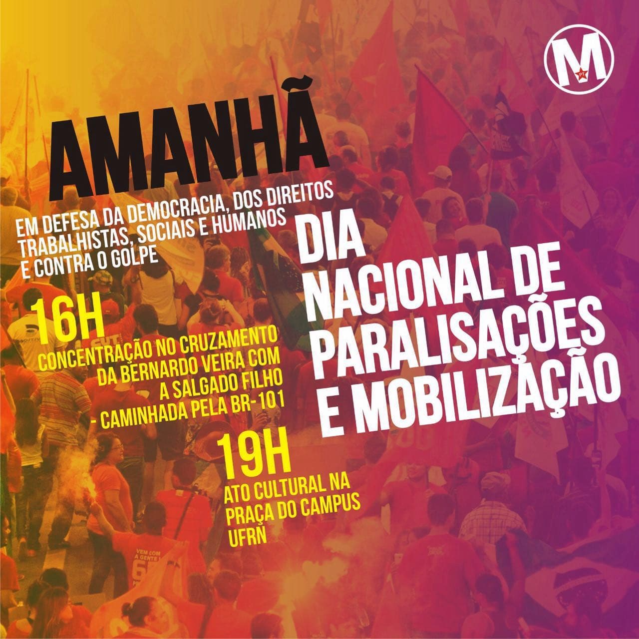 Manifestação pela democracia e contra o "golpe" acontece na tarde desta terça em Natal