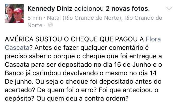 Cascata depositou cheque do América antes da data