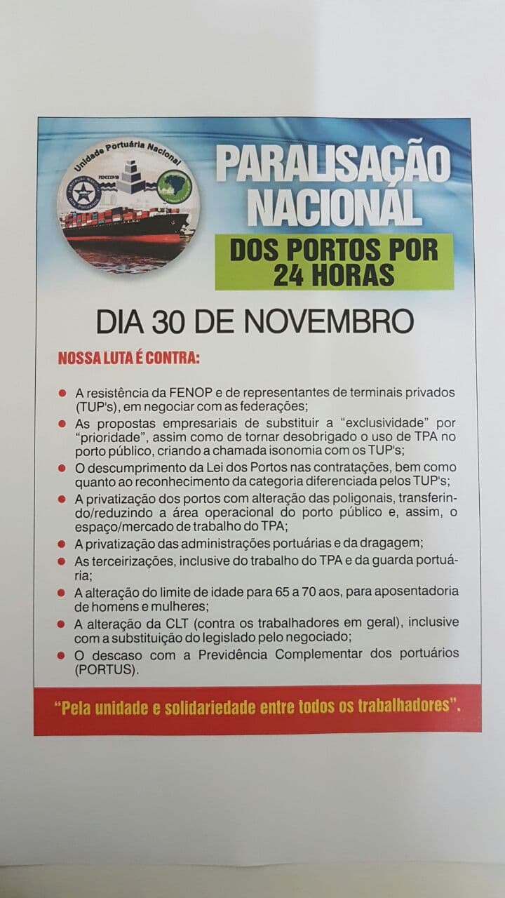 Nota de esclarecimento: sindicatos dos Portuários, Conferentes, Arrumadores e Consertadores(Natal-RN)