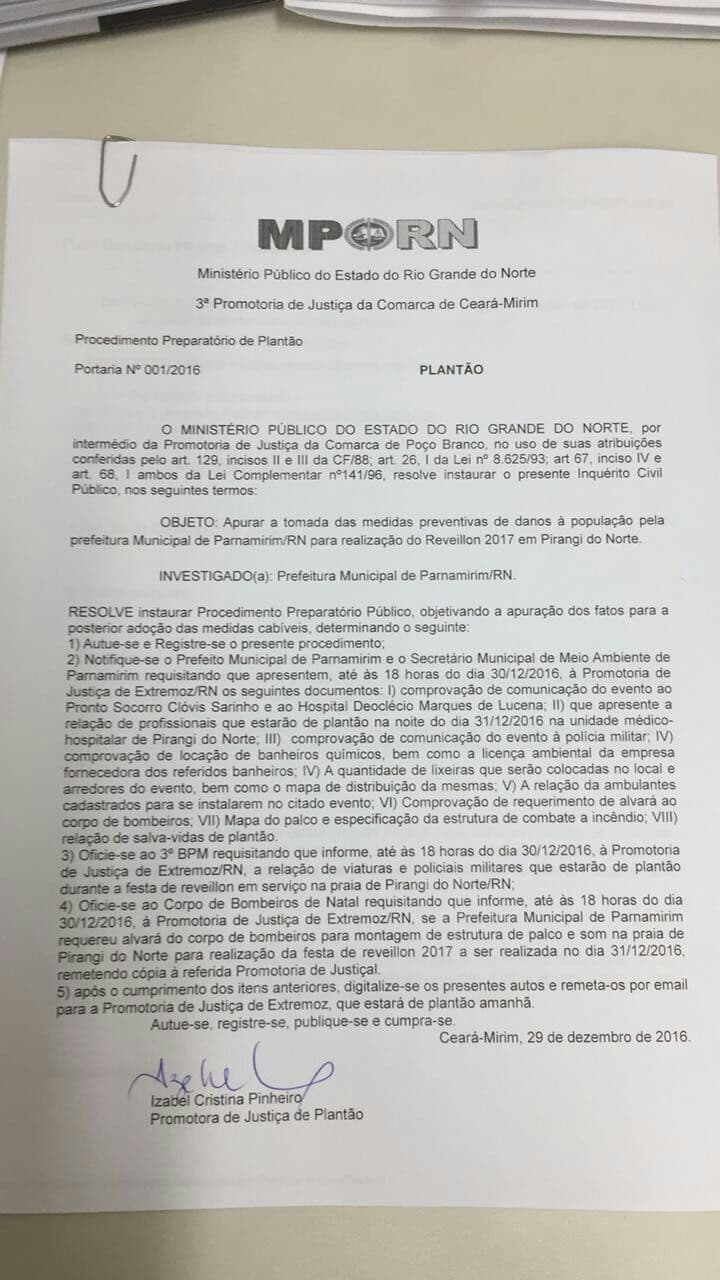 MP instaura inquérito civil contra Prefeito de Parnamirim para apurar Réveillon em Pirangi, sob medida de danos à população