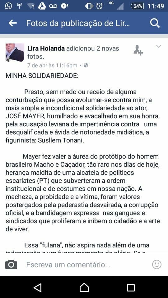 Post de médico potiguar ofende deputada Benedita da Silva de "Nega Fuleira" e defende ator José Mayer
