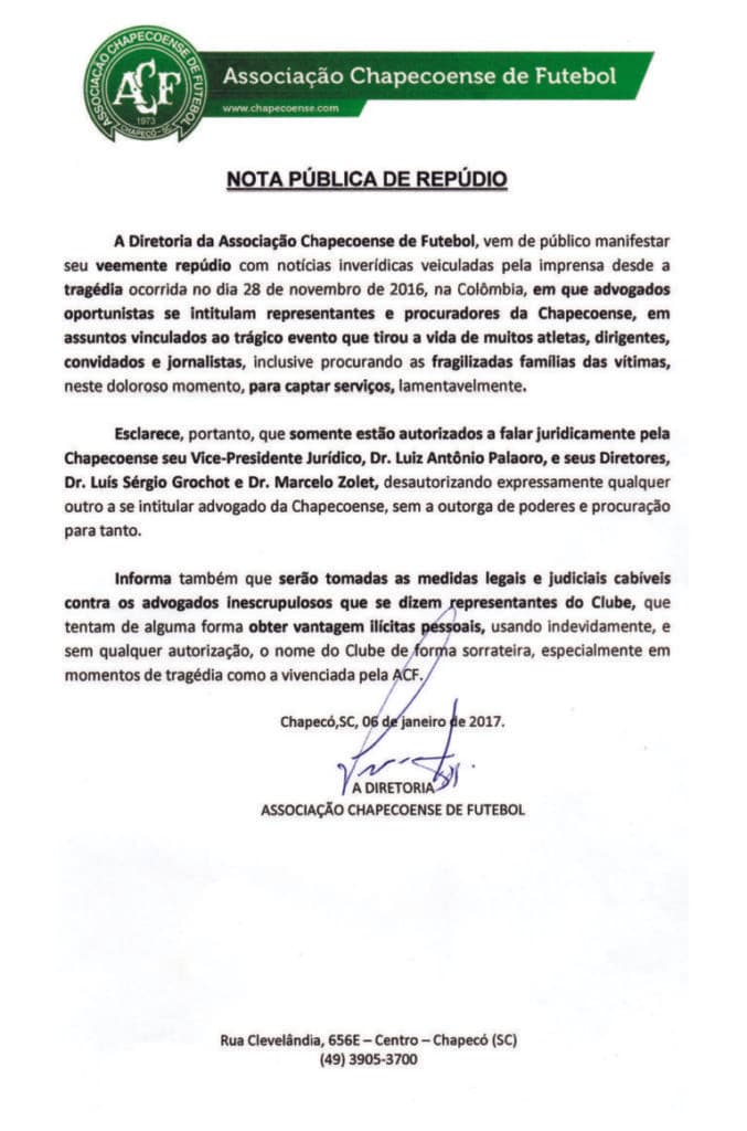 Chapecoense denúncia assédio de advogados: "oportunistas"