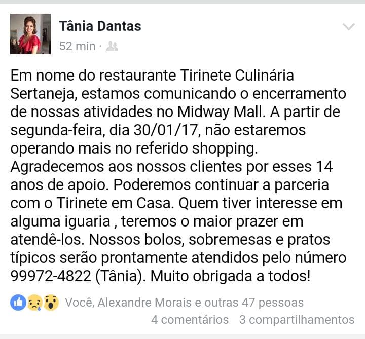 Restaurante Tirinete anuncia o encerramento de suas atividades