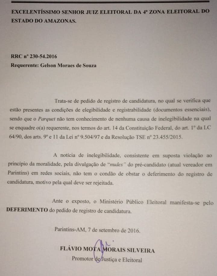 Envio de "nudes" não gera inelegibilidade de candidato, diz MPE do Amazonas