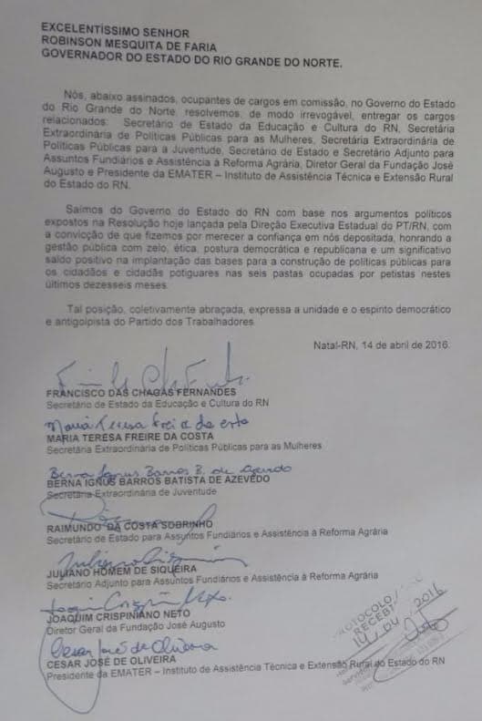 PT entrega oficialmente as seis secretarias que ocupava no Governo Robinson