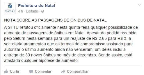 Em nota, Prefeitura do Natal refuta "qualquer possibilidade de aumento" das passagens de ônibus