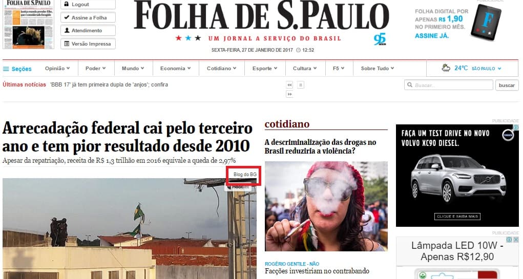 FOTO publicada no Blog do BG de bandeira do Brasil hasteada em Alcaçuz é capa da Folha de São Paulo