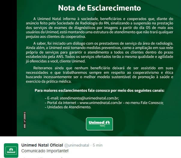 UTILIDADE PÚBLICA: Unimed Natal emite nota de esclarecimento