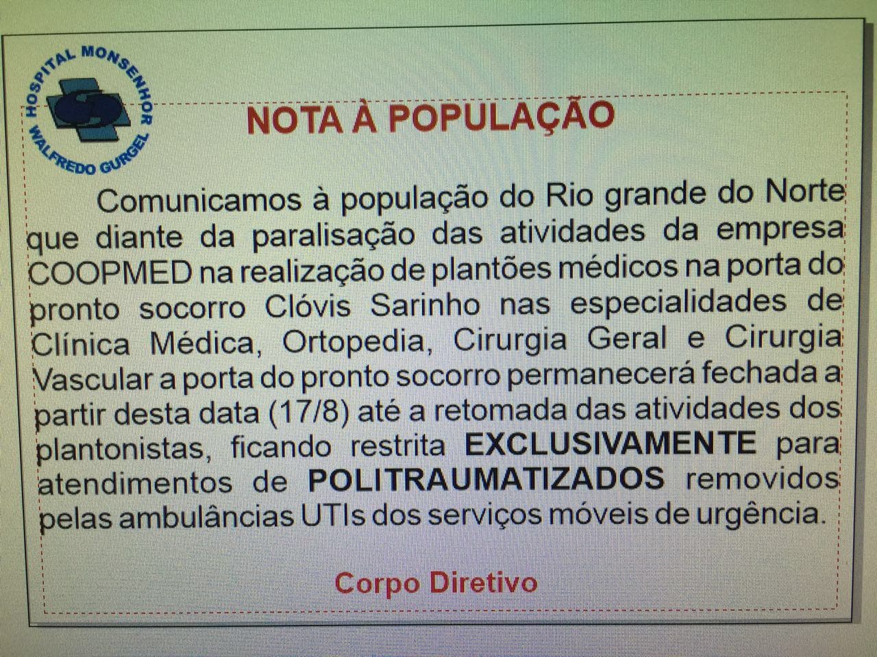 Walfredo Gurgel não terá plantões de ortopedia, clínica e cirurgia