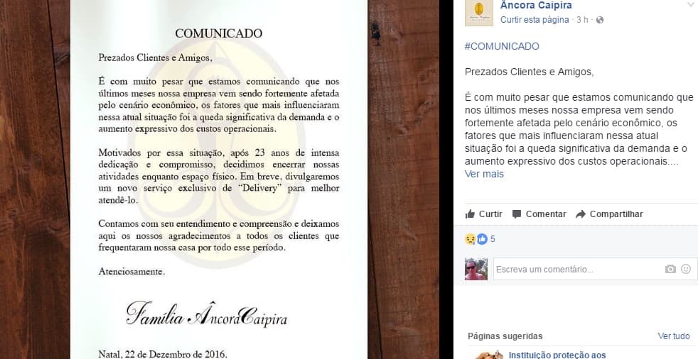 Um dos restaurantes mais tradicionais de Natal anuncia seu encerramento enquanto espaço físico