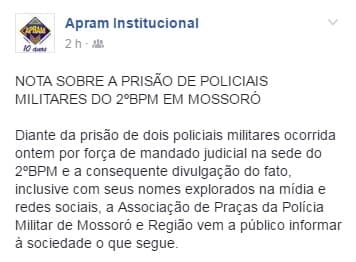 "Enquanto a justiça prende policiais, os criminosos estão à solta", diz associação de praças da PM  de Mossoró e região em nota