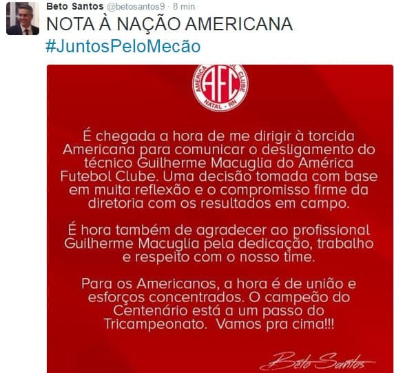 Presidente do América anuncia saída do técnico Guilherme Macuglia