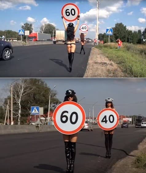 CAMPANHA INUSITADA -(FOTOS): Mulheres de topless exibem placas com limites de velocidade
