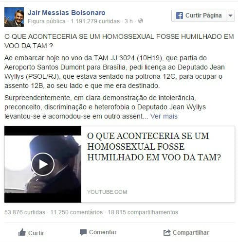 Bolsonaro acusa Jean Wyllys de heterofobia por recusar assento ao seu lado
