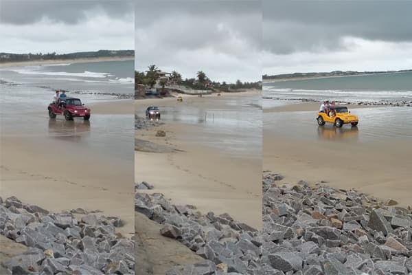 Bugueiros credenciados trafegam em área de praia proibida